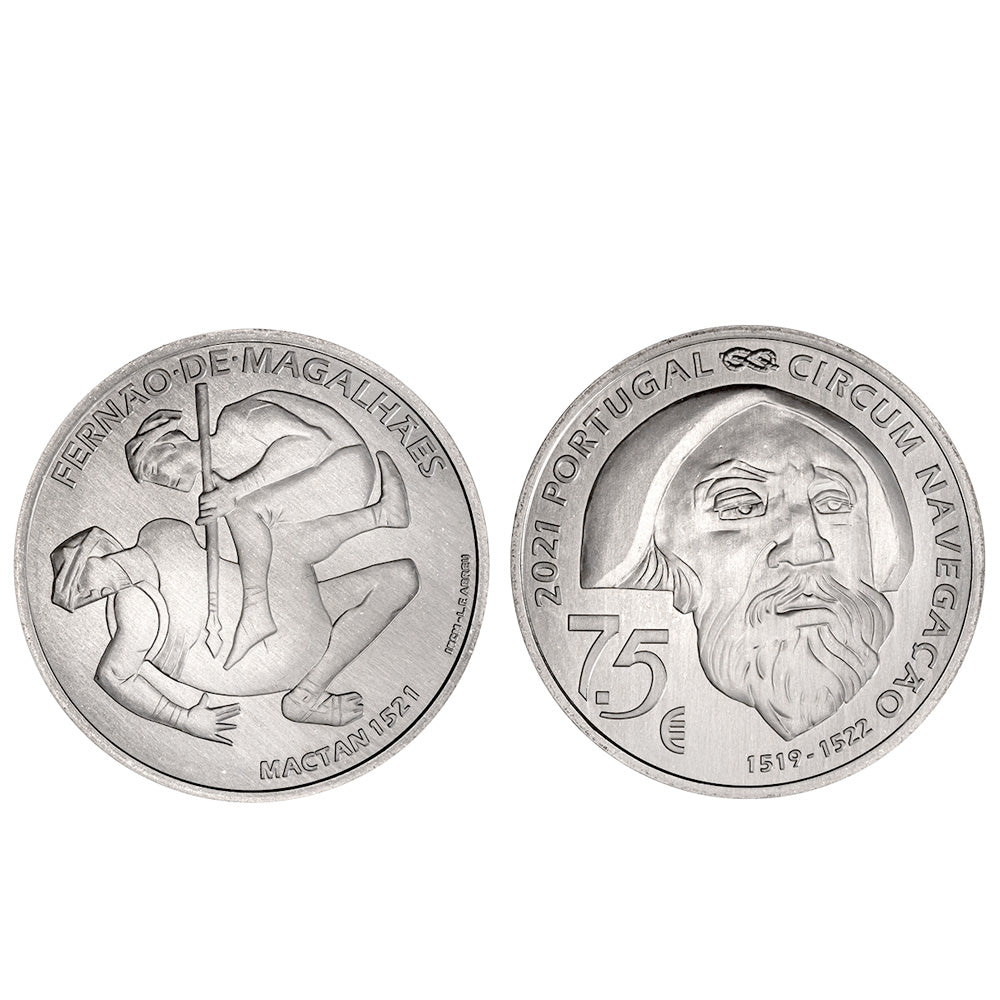 Moeda 7,5€ V Centenário da Viagem Circum-Navegação Fernando de Magalhães Mactan 1521 Portugal 2021 Prata 500