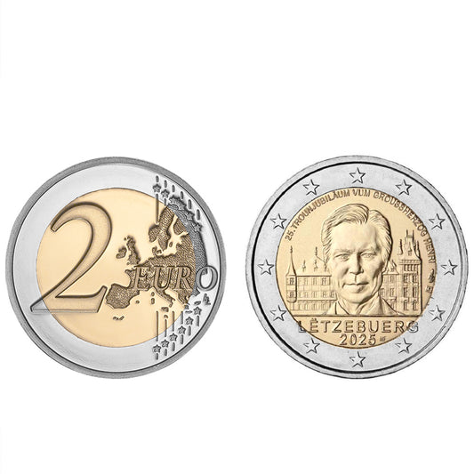 Moeda 2 Euro 25 Anos Ascensão ao Trono Grão-Duque Henrique Luxemburgo 2025 UNC Moeda Retirada de Rolo