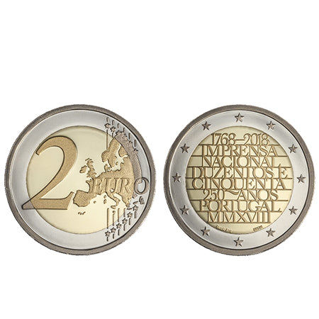 Moeda 2 Euro 250 Anos Imprensa Nacional Portugal 2018 Proof