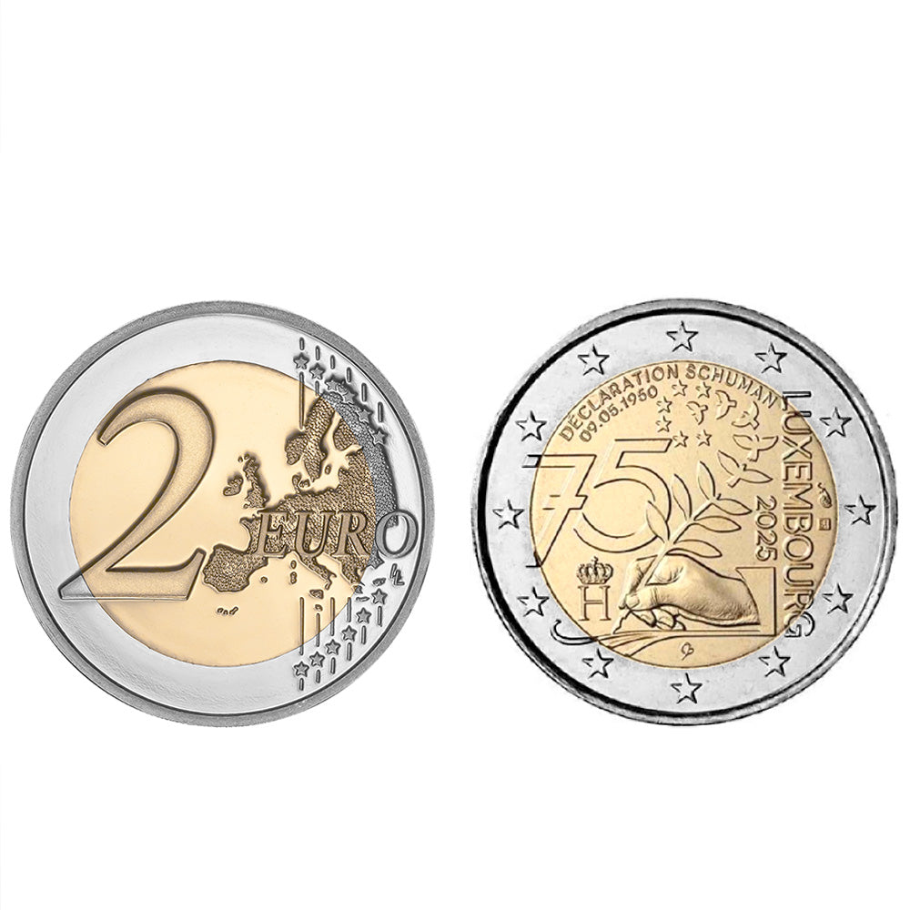 Moeda 2 Euro 75 Anos Declaração Schuman Luxemburgo 2025 UNC Moeda Retirada de Rolo