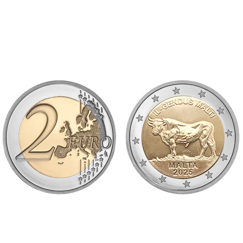 Moeda 2 Euros Boi Maltês Malta 2025 UNC Moeda Retirada de Rolo