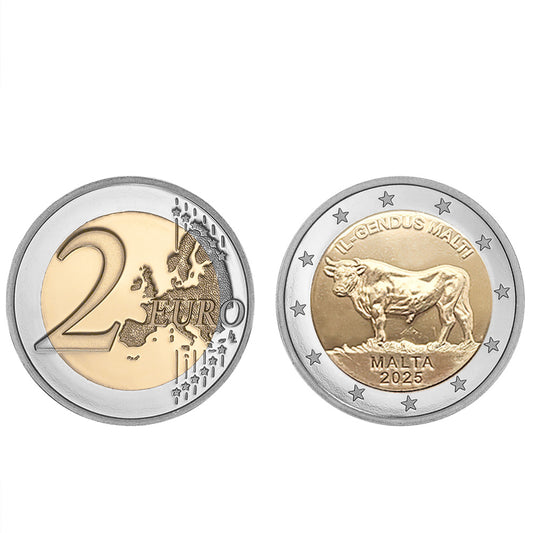 Moeda 2 Euros Boi Maltês Malta 2025 UNC Moeda Retirada de Rolo