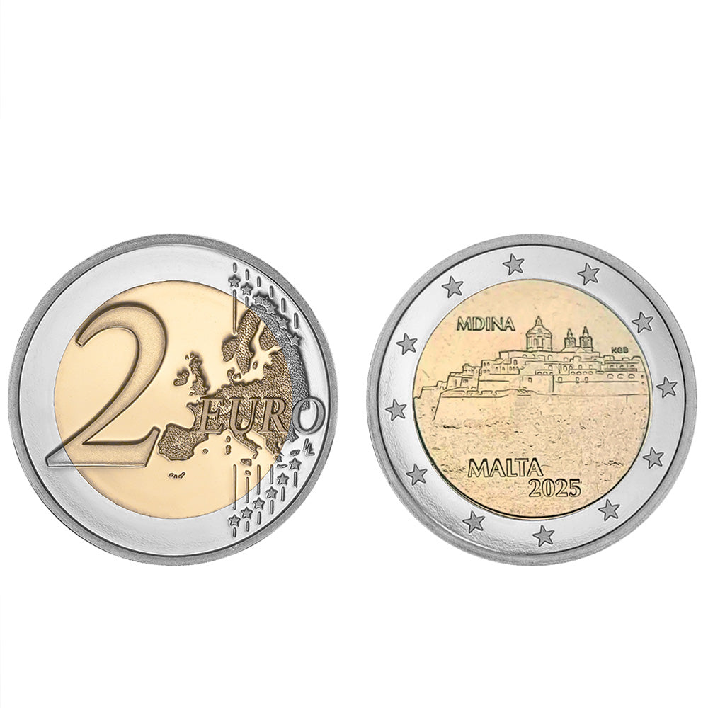Moeda 2 Euros Mdina Malta 2025 UNC Moeda Retirada de Rolo
