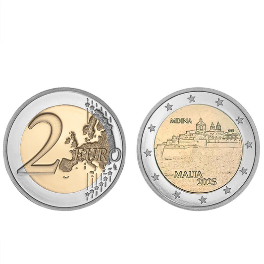 Moeda 2 Euros Mdina Malta 2025 UNC Moeda Retirada de Rolo