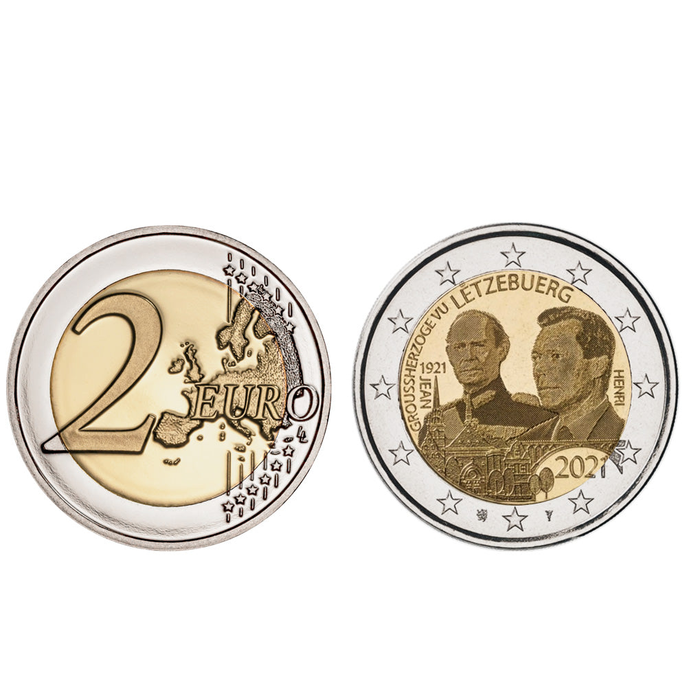Moeda 2 Euro Centenário Nascimento Grão Duque Jean Luxemburgo 2021 holograma