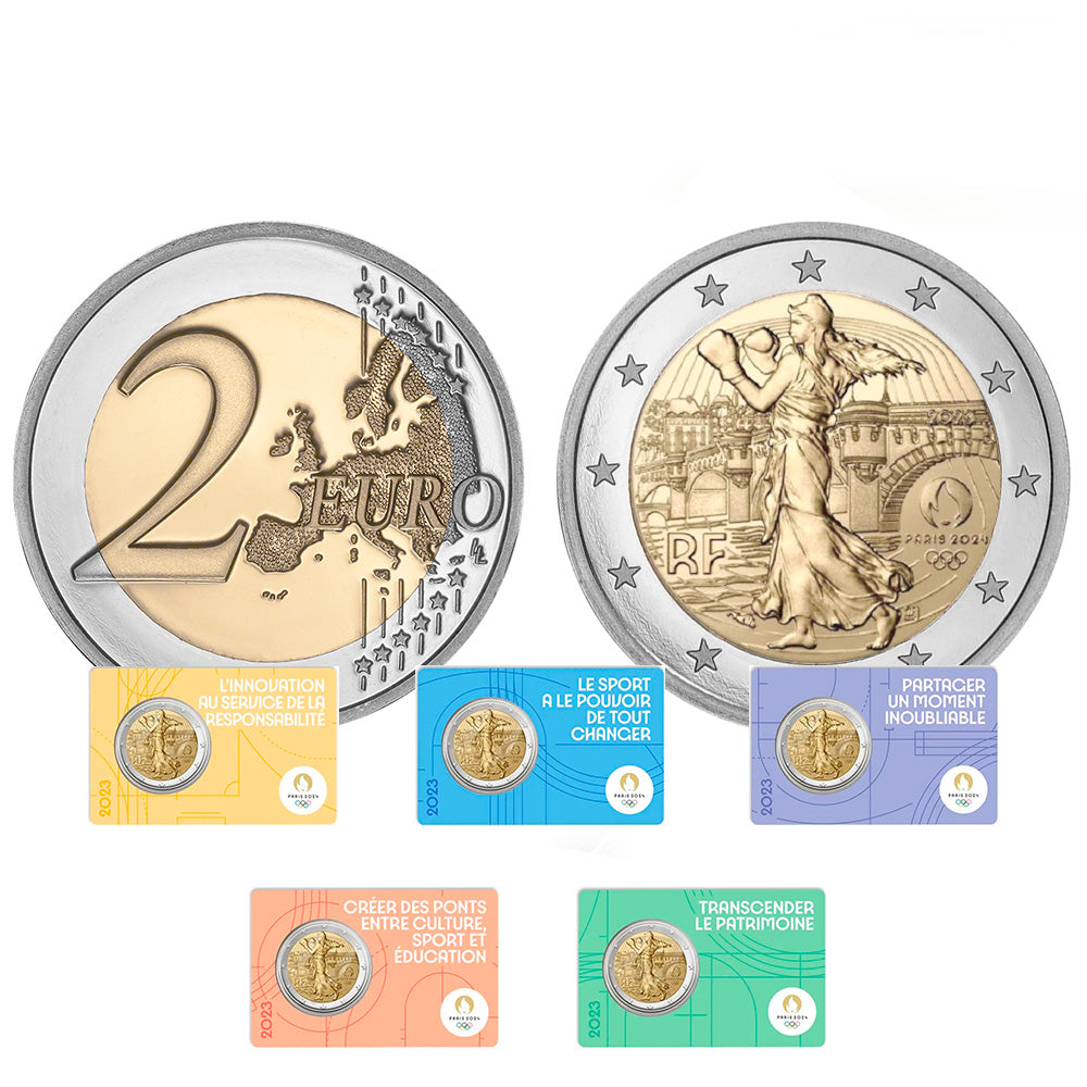 Moeda 2 Euros Jogos Olímpicos de Paris 2024 França 2023 (Unidade)  (5 Cores de embalagem a moeda é a mesma o que muda é a embalagem)