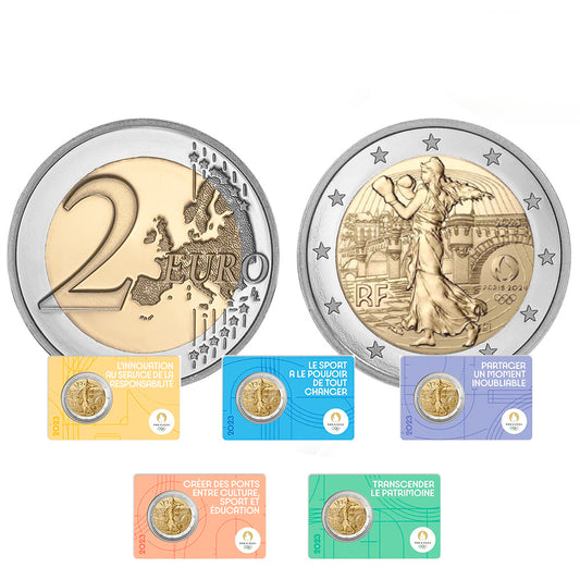 Moeda 2 Euros Jogos Olímpicos de Paris 2024 França 2023 (Unidade)  (5 Cores de embalagem a moeda é a mesma o que muda é a embalagem)