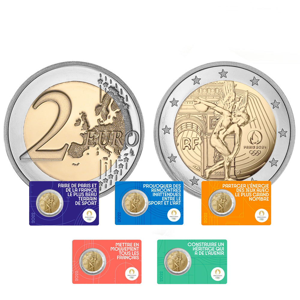 Moeda 2 Euros Jogos Olímpicos de Paris 2024 França 2022 (Unidade)  (5 Cores de embalagem a moeda é a mesma o que muda é a embalagem)
