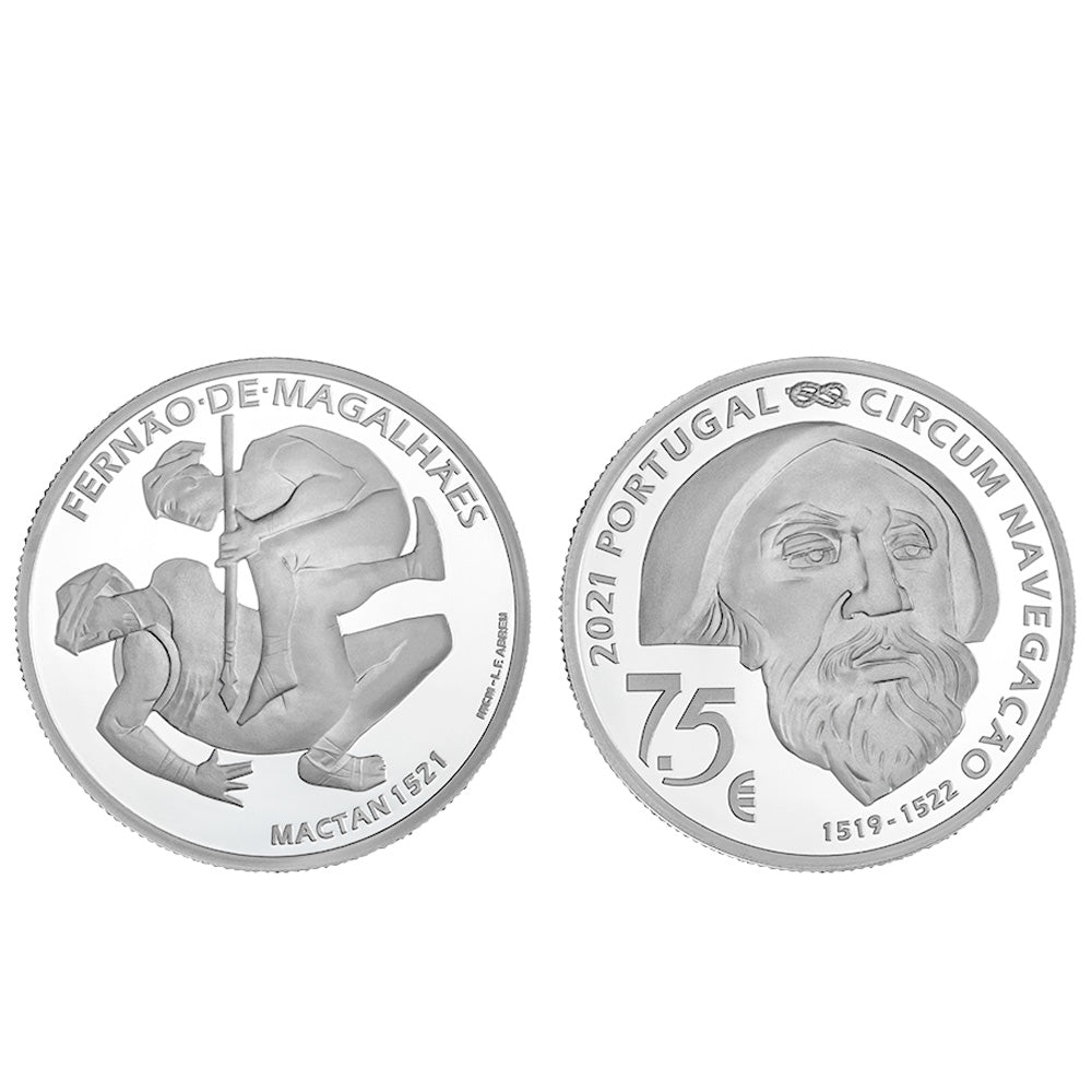 Moeda 7,5€ V Centenário da Viagem Circum-Navegação Fernando de Magalhães Mactan 1521 Portugal 2021 Prata Proof