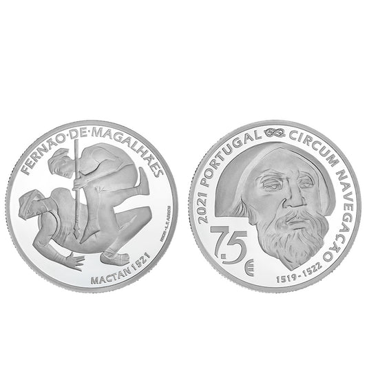 Moeda 7,5€ V Centenário da Viagem Circum-Navegação Fernando de Magalhães Mactan 1521 Portugal 2021 Prata Proof