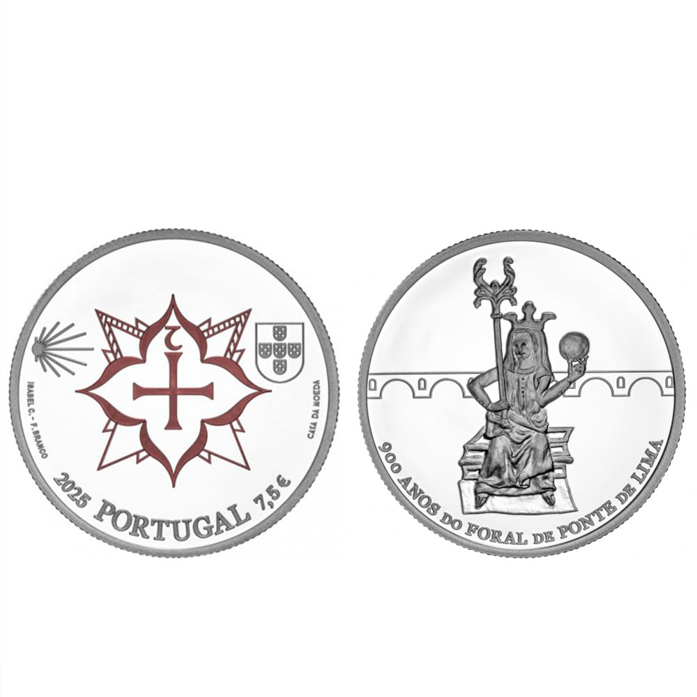 Moeda 7,5 Euros 900 Anos Foral Ponte de Lima Portugal 2025 Prata Proof