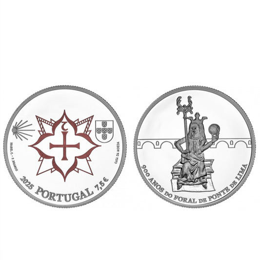 Moeda 7,5 Euros 900 Anos Foral Ponte de Lima Portugal 2025 Prata Proof