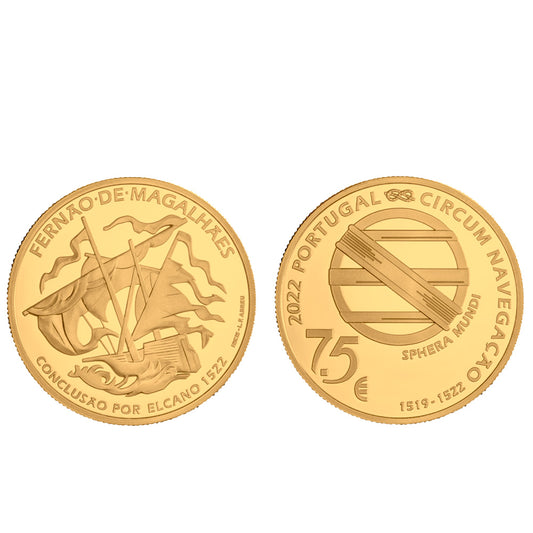 Moeda 7,5€ Fernão de Magalhães Circum Navegação  Conclusão por Elcano 1522 Portugal 2022 Ouro Proof